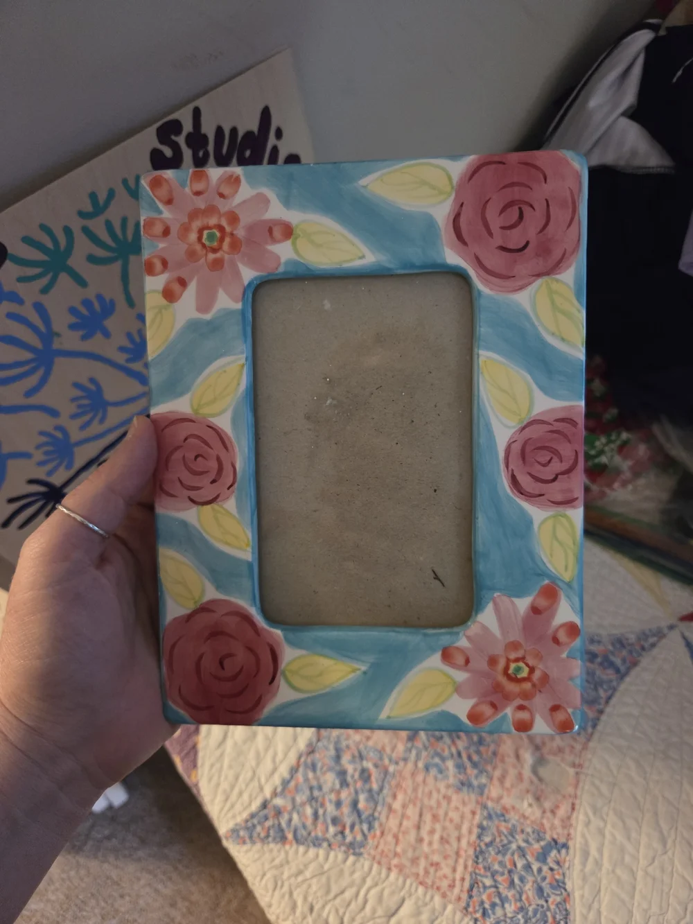 Eclectic Hand-Painted Floral Frame in Blue, Pink Flowers Boho